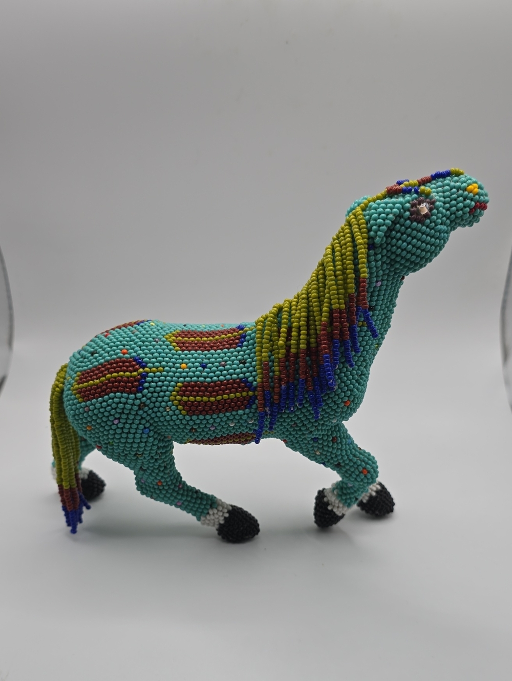 Hand-Beaded Turquoise Horse with Yellow Mane